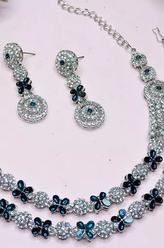 Blue rhodium premium designer american diamond and stone work necklace set