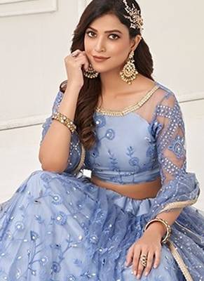 Blue Net Embroidered & Thread Work Semi Stitched Lehenga Choli 3