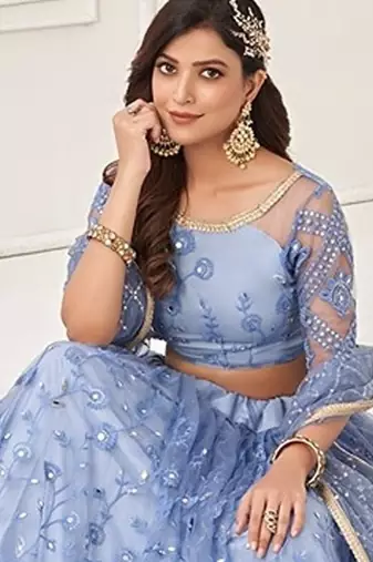Blue Net Embroidered & Thread Work Semi Stitched Lehenga Choli