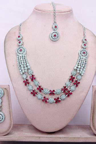 Pink rhodium premium designer american diamond and stone work necklace set