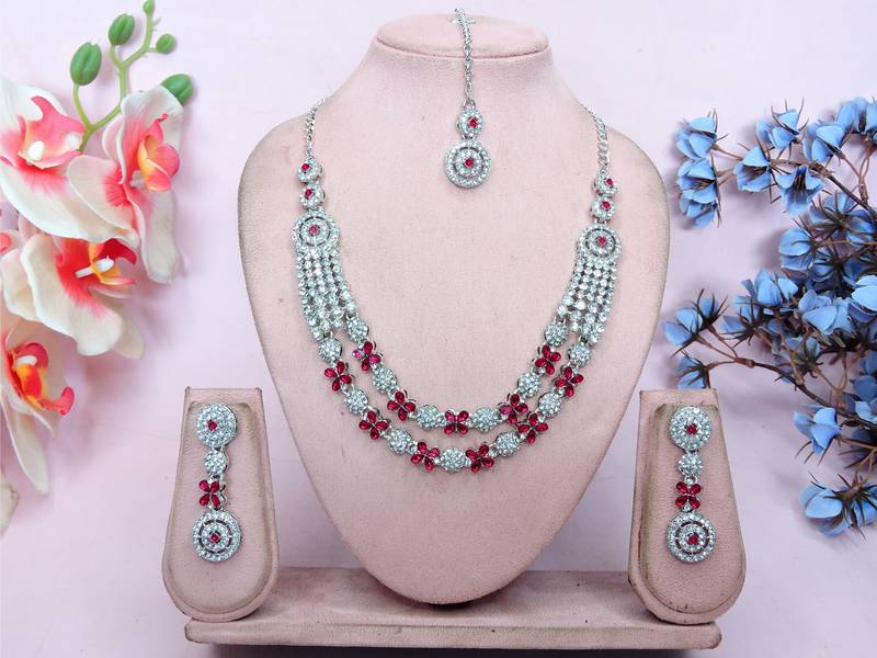 Pink rhodium premium designer american diamond and stone work necklace set