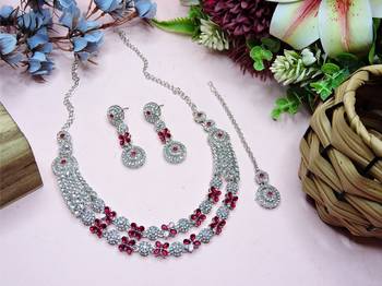 Pink rhodium premium designer american diamond and stone work necklace set 2