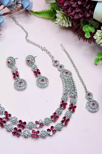 Pink rhodium premium designer american diamond and stone work necklace set