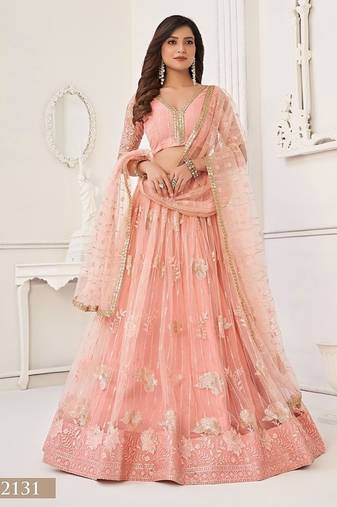 Peach Net Embroidered & Thread Work Semi Stitched Lehenga Choli