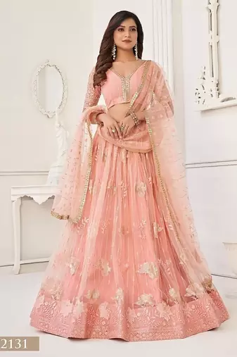 Peach Net Embroidered & Thread Work Semi Stitched Lehenga Choli
