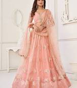 Peach Net Embroidered & Thread Work Semi Stitched Lehenga Choli