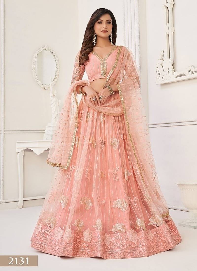 Peach Net Embroidered & Thread Work Semi Stitched Lehenga Choli