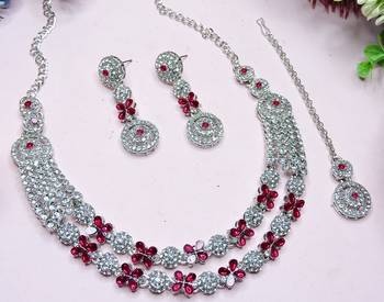 Pink rhodium premium designer american diamond and stone work necklace set 3