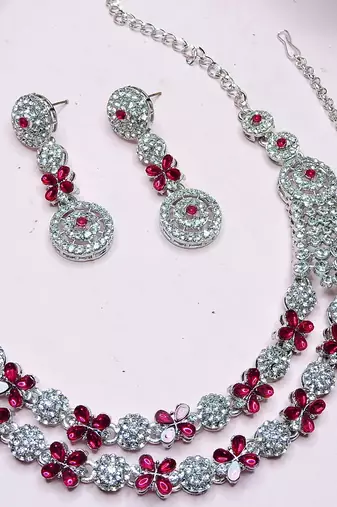 Pink rhodium premium designer american diamond and stone work necklace set