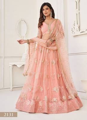 Peach Net Embroidered & Thread Work Semi Stitched Lehenga Choli 2