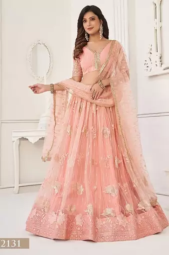 Peach Net Embroidered & Thread Work Semi Stitched Lehenga Choli