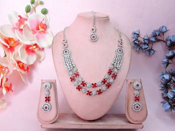 Red rhodium premium designer american diamond and stone work necklace set 1
