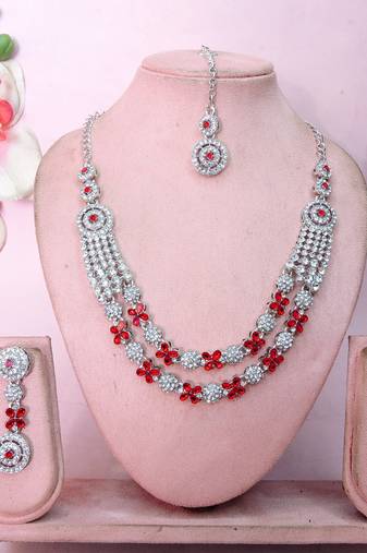 Red rhodium premium designer american diamond and stone work necklace set