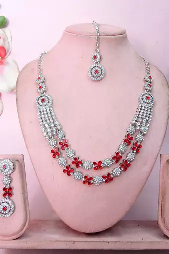 Red rhodium premium designer american diamond and stone work necklace set