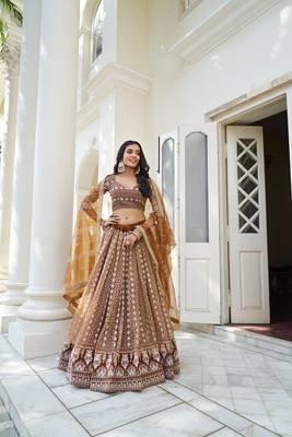 Brown Net Embroidered & Thread Work Semi Stitched Lehenga Choli 1