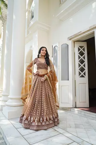 Brown Net Embroidered & Thread Work Semi Stitched Lehenga Choli