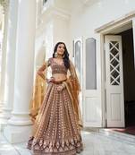 Brown Net Embroidered & Thread Work Semi Stitched Lehenga Choli
