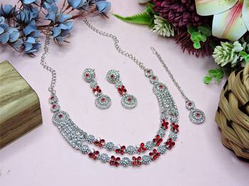 Red rhodium premium designer american diamond and stone work necklace set 2