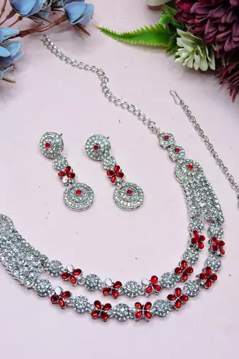 Red rhodium premium designer american diamond and stone work necklace set