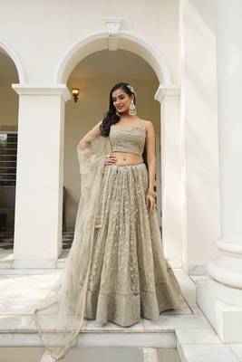 Ivory Net Embroidered & Thread Work Semi Stitched Lehenga Choli 1