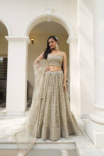 Ivory Net Embroidered & Thread Work Semi Stitched Lehenga Choli
