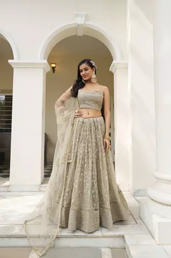 Ivory Net Embroidered & Thread Work Semi Stitched Lehenga Choli