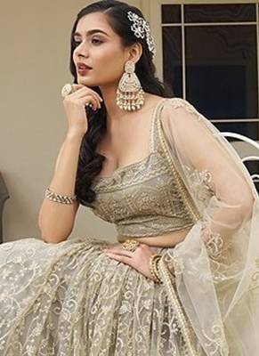 Ivory Net Embroidered & Thread Work Semi Stitched Lehenga Choli 2