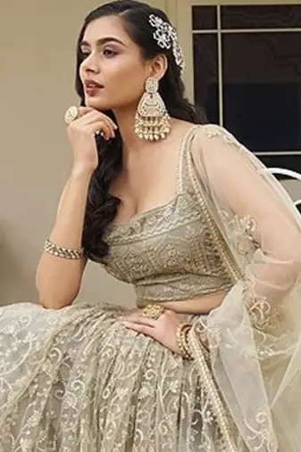 Ivory Net Embroidered & Thread Work Semi Stitched Lehenga Choli