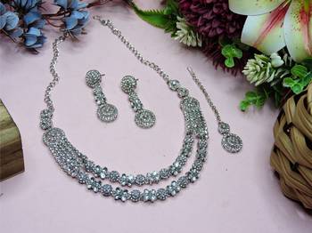 White rhodium premium designer american diamond and stone work necklace set 2