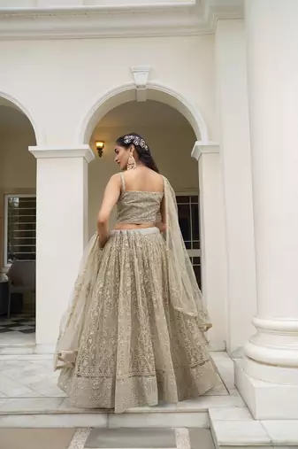 Ivory Net Embroidered & Thread Work Semi Stitched Lehenga Choli