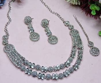 White rhodium premium designer american diamond and stone work necklace set 3