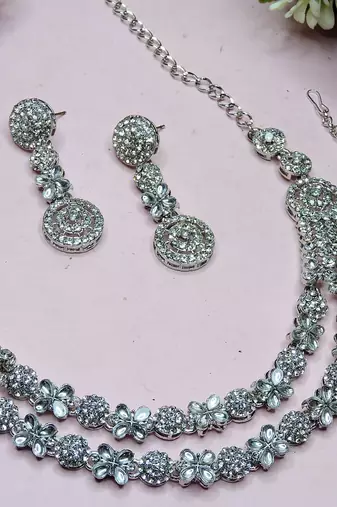 White rhodium premium designer american diamond and stone work necklace set