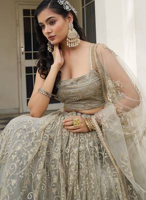 Ivory Net Embroidered & Thread Work Semi Stitched Lehenga Choli 4