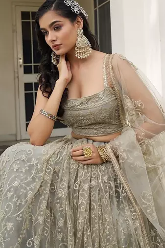 Ivory Net Embroidered & Thread Work Semi Stitched Lehenga Choli