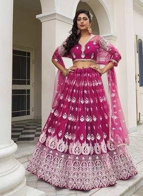 Dark Pink Net Embroidered & Thread Work Semi Stitched Lehenga Choli 1