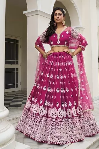 Dark Pink Net Embroidered & Thread Work Semi Stitched Lehenga Choli