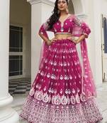 Dark Pink Net Embroidered & Thread Work Semi Stitched Lehenga Choli