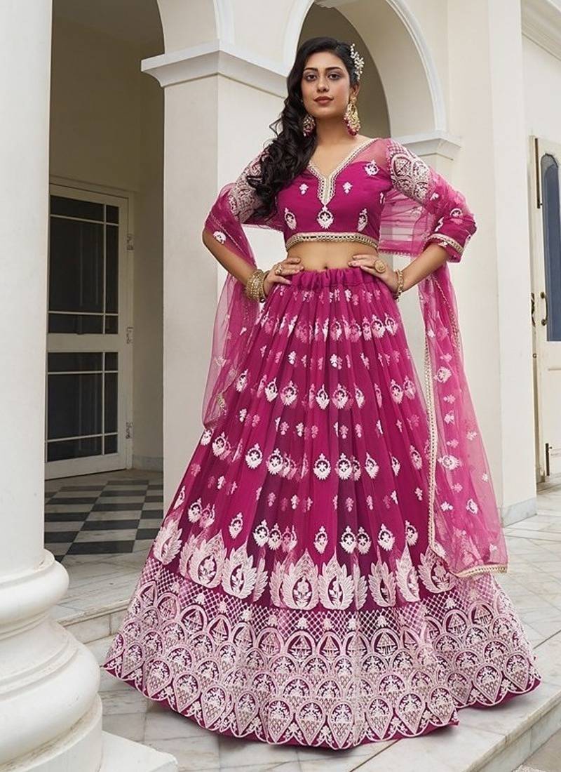 Dark Pink Net Embroidered & Thread Work Semi Stitched Lehenga Choli