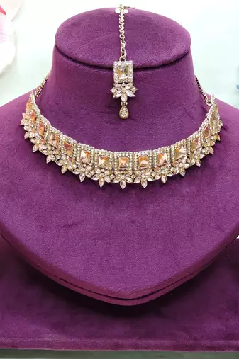 Gold yellow gold premium designer american diamond and stone work necklace set