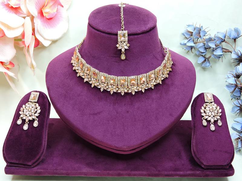 Gold yellow gold premium designer american diamond and stone work necklace set