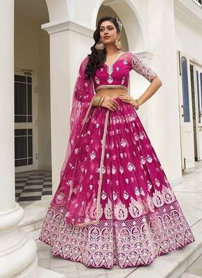 Dark Pink Net Embroidered & Thread Work Semi Stitched Lehenga Choli 2