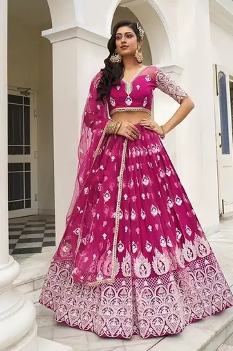 Dark Pink Net Embroidered & Thread Work Semi Stitched Lehenga Choli