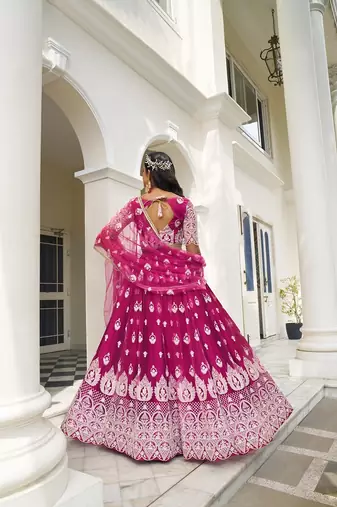Dark Pink Net Embroidered & Thread Work Semi Stitched Lehenga Choli