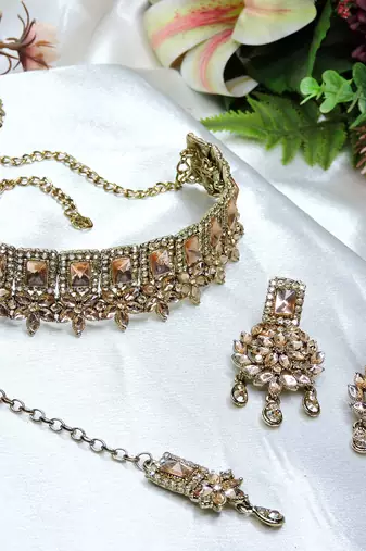 Gold yellow gold premium designer american diamond and stone work necklace set