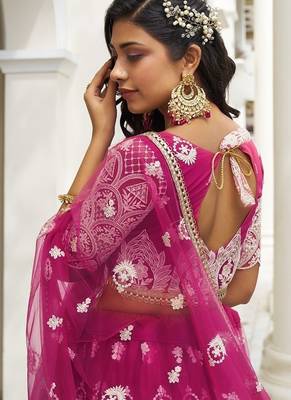 Dark Pink Net Embroidered & Thread Work Semi Stitched Lehenga Choli 4