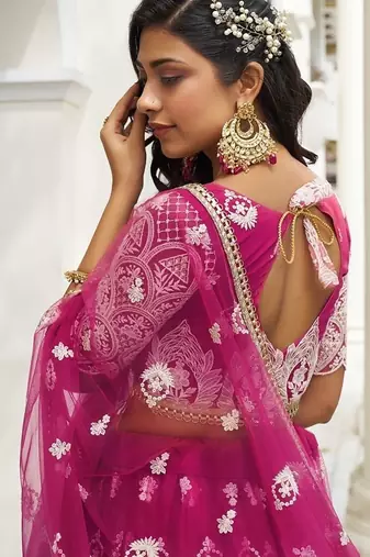 Dark Pink Net Embroidered & Thread Work Semi Stitched Lehenga Choli