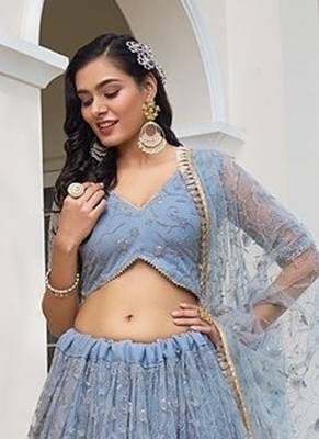Light Blue Net Embroidered & Thread Work Semi Stitched Lehenga Choli 1
