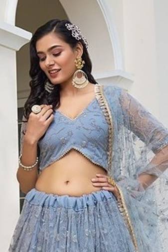 Light Blue Net Embroidered & Thread Work Semi Stitched Lehenga Choli