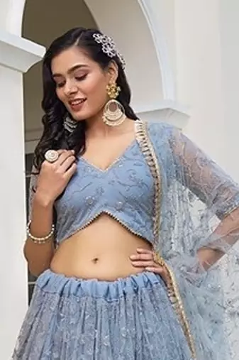 Light Blue Net Embroidered & Thread Work Semi Stitched Lehenga Choli