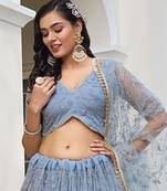 Light Blue Net Embroidered & Thread Work Semi Stitched Lehenga Choli
